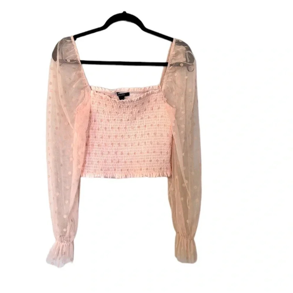Forever 21 Long Puff Polka Dot Mesh Sleeve Pink Knit Crop Top Size M GUC